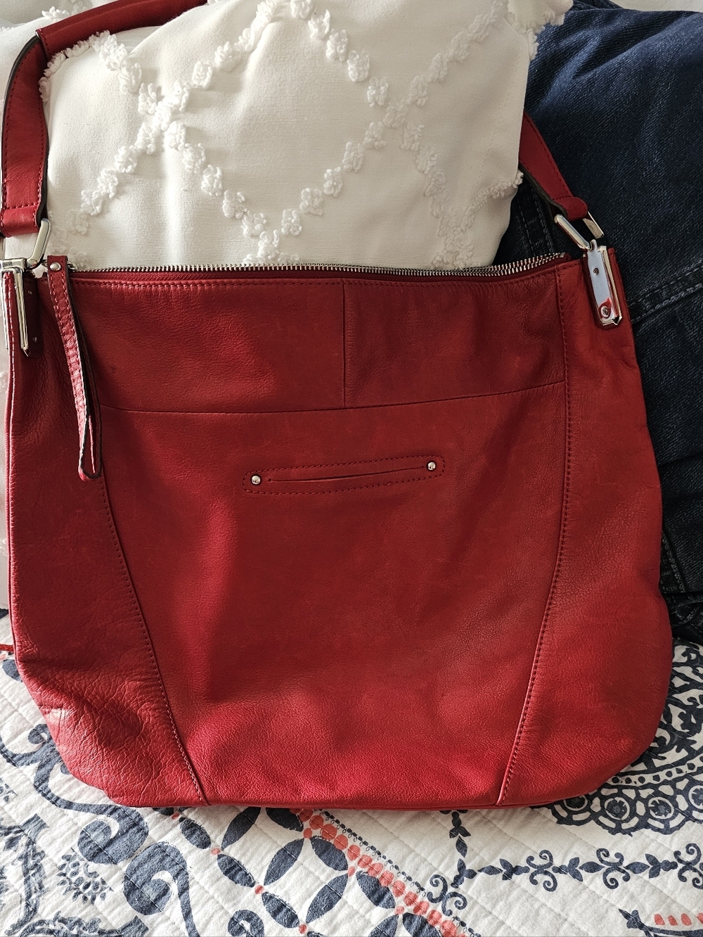 b. makowsky Red Leather Fringe Hobo Shoulder Bag - Picture 13 of 15